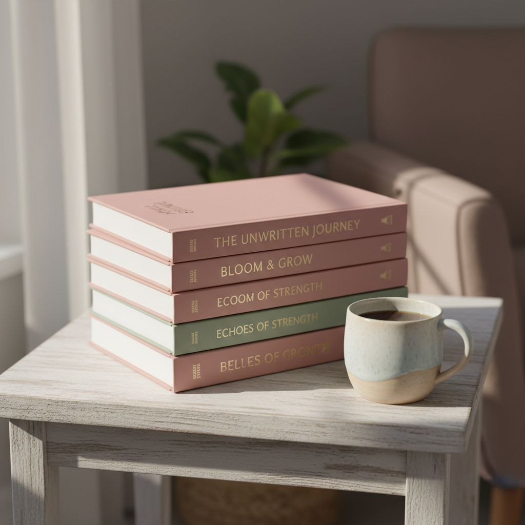 A stack of thick, matte-finish self-help and memoir books in harmonious tones of soft pink, dusty rose, and tranquil sage green, each subtly embossed with elegant gold titles. The stack rests atop a white-washed wooden side table, with a delicately glazed pottery mug (filled, but no steam) placed beside it. Gentle afternoon light from a nearby window creates subtle highlights and calming shadows, adding visual interest without clutter. Photographed from a slightly elevated, partial top-down angle with a shallow depth of field to keep the foreground sharp and the background softly blurred. The overall mood is calming, empowering, and distinctly feminine—inviting website visitors to envision their own journeys to authorship.