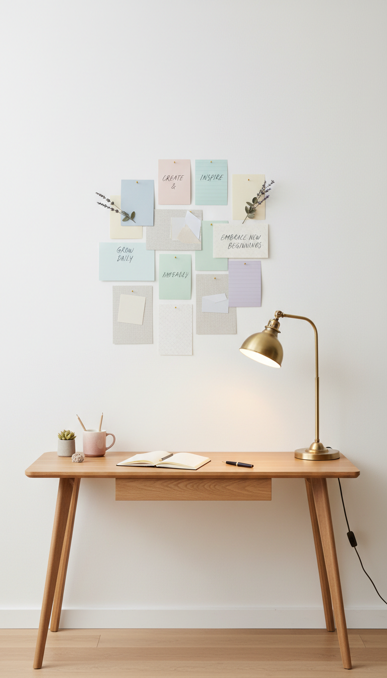 A crisp, minimalist vision board pinned with pastel-hued index cards, swatches of textured paper, and snippets of handwritten affirmations, arranged artfully on a matte white wall. Below, an uncluttered mid-century style writing table in light oak supports a vintage brass lamp with a soft, golden glow, bathing the scene in cozy, diffused warmth. Across the table, open blank pages suggest possibility and new beginnings. Shot from a straight-on, eye-level composition with sharp focus, the atmosphere is uplifting, motivating, and subtly feminine. The photographic realism and serene color palette support a welcoming, supportive environment for creative growth.